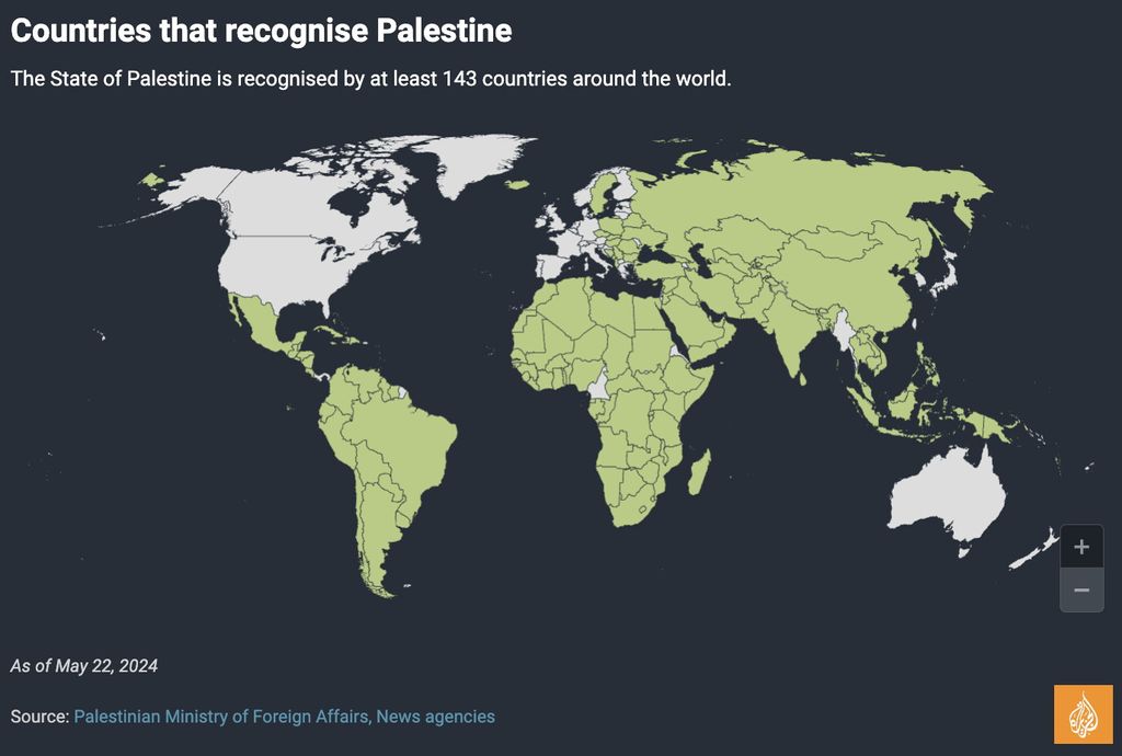 Mappa dei Paesi che riconoscono lo Stato palestinese