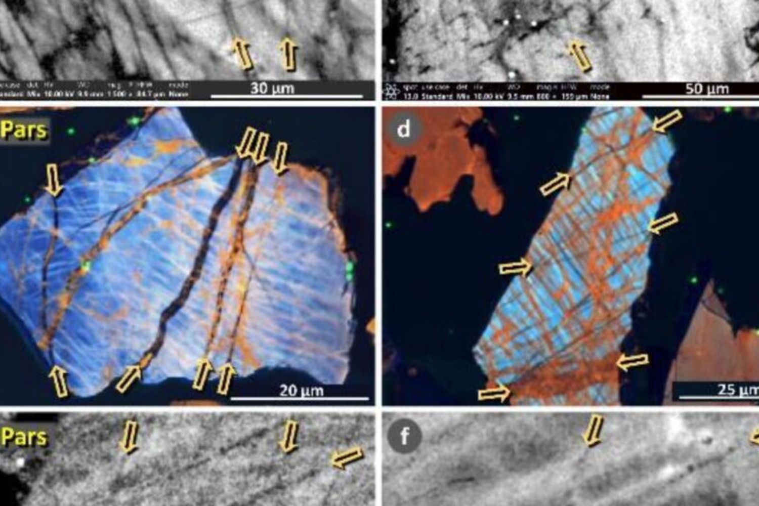 Grani di quarzo shockato, con fessure riempite di vetro fuso