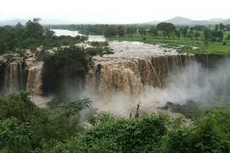 Cascata sul fiume Nilo Azzurro nel Gojjam Occidentale, Regione di Amhara, Etiopia. Questa regione è minacciata da calamità naturali come le inondazioni dovute al cambiamento climatico.
