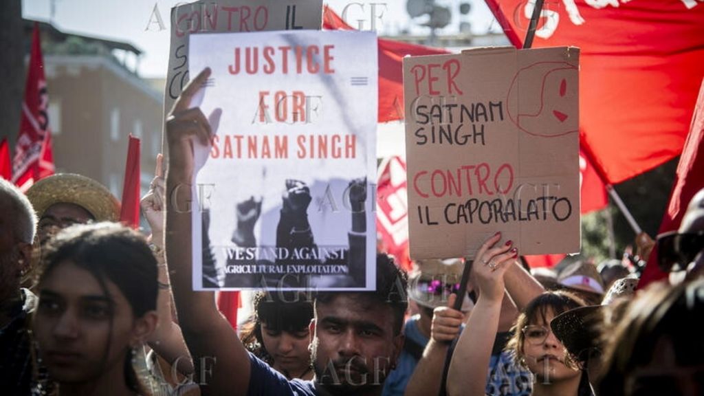 Latina,  manifestation du syndicat CGIL contre le "caporalato" après la mort de Satnam Singh