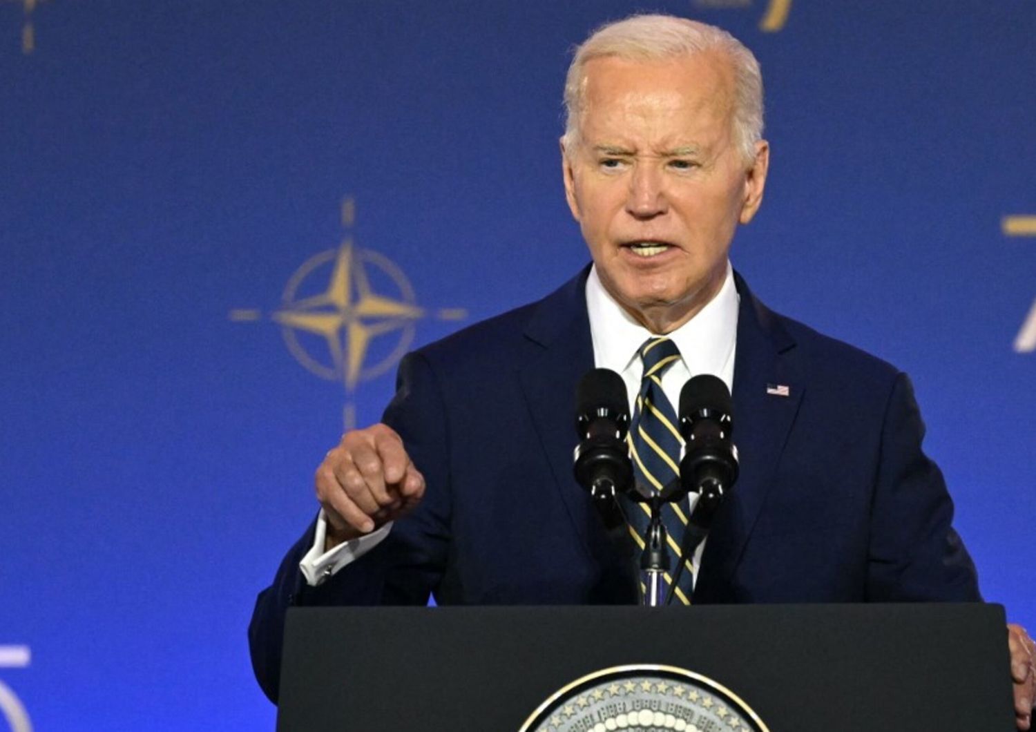 Il Presidente degli Stati Uniti Joe Biden parla durante l'evento celebrativo del 75° anniversario della NATO presso il Mellon Auditorium di Washington