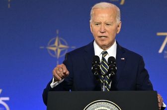 Il Presidente degli Stati Uniti Joe Biden parla durante l'evento celebrativo del 75° anniversario della NATO presso il Mellon Auditorium di Washington
