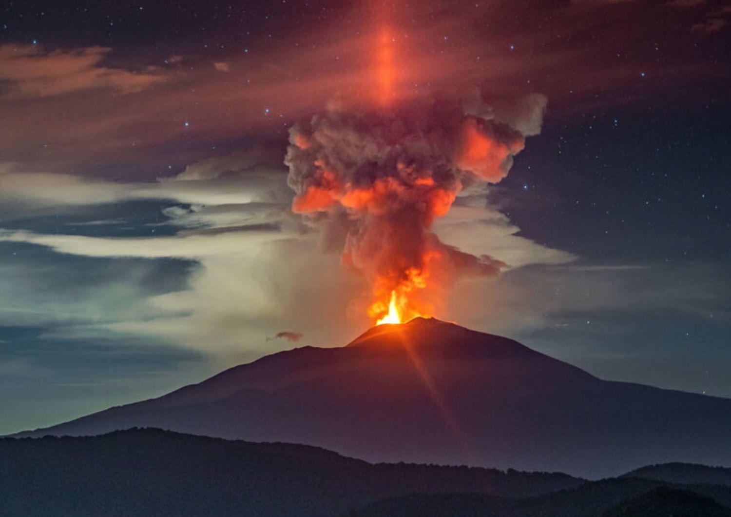 &nbsp;Il pilastro di luce dell'Etna, fotografato nel giugno del 2020