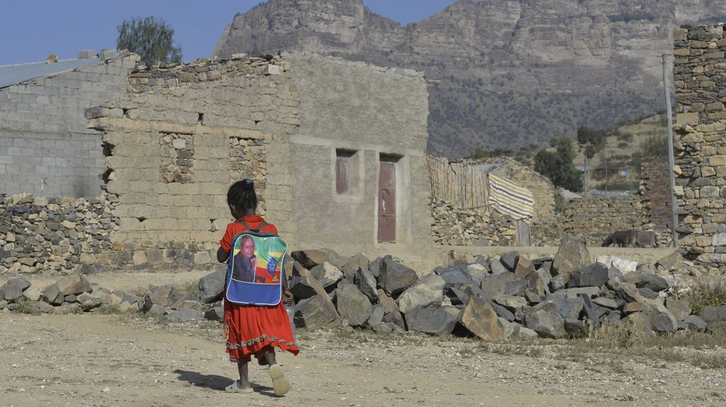 Une fillette marche sur une route à la frontière entre l'Ethiopie et l'Erythrée.