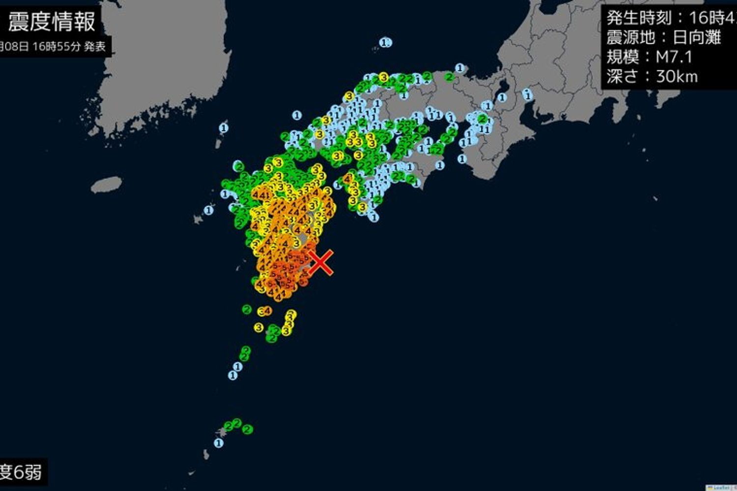 Grafica elaborata dai centri di controllo dei terremoti giapponesi