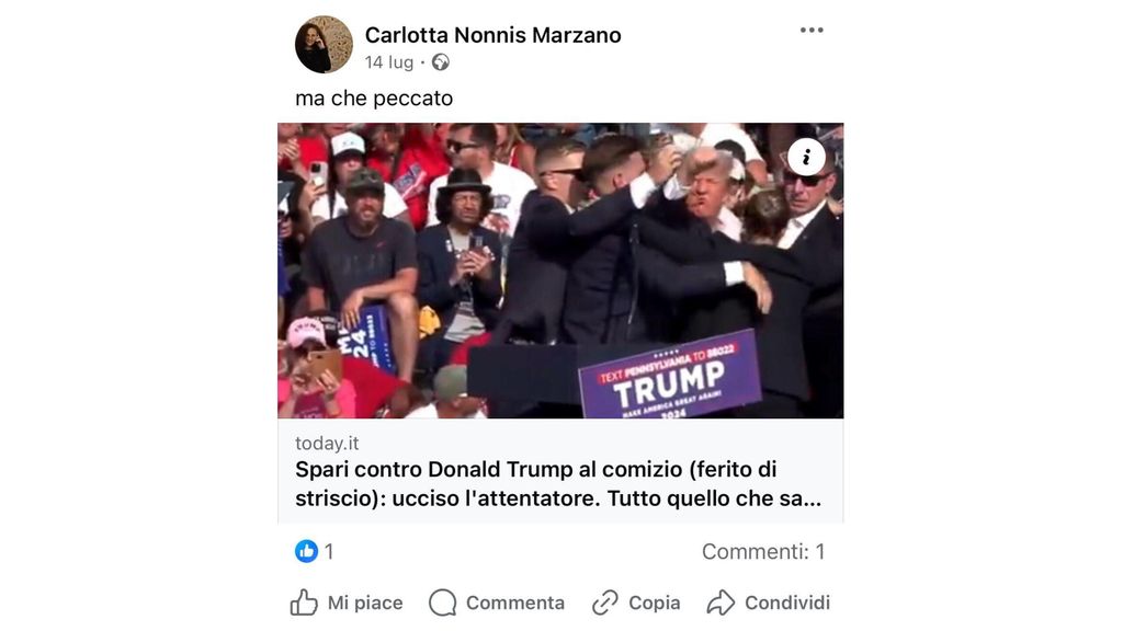 Un post di Carlotta Nonnis Marzano sul ferimento di Donald Trump