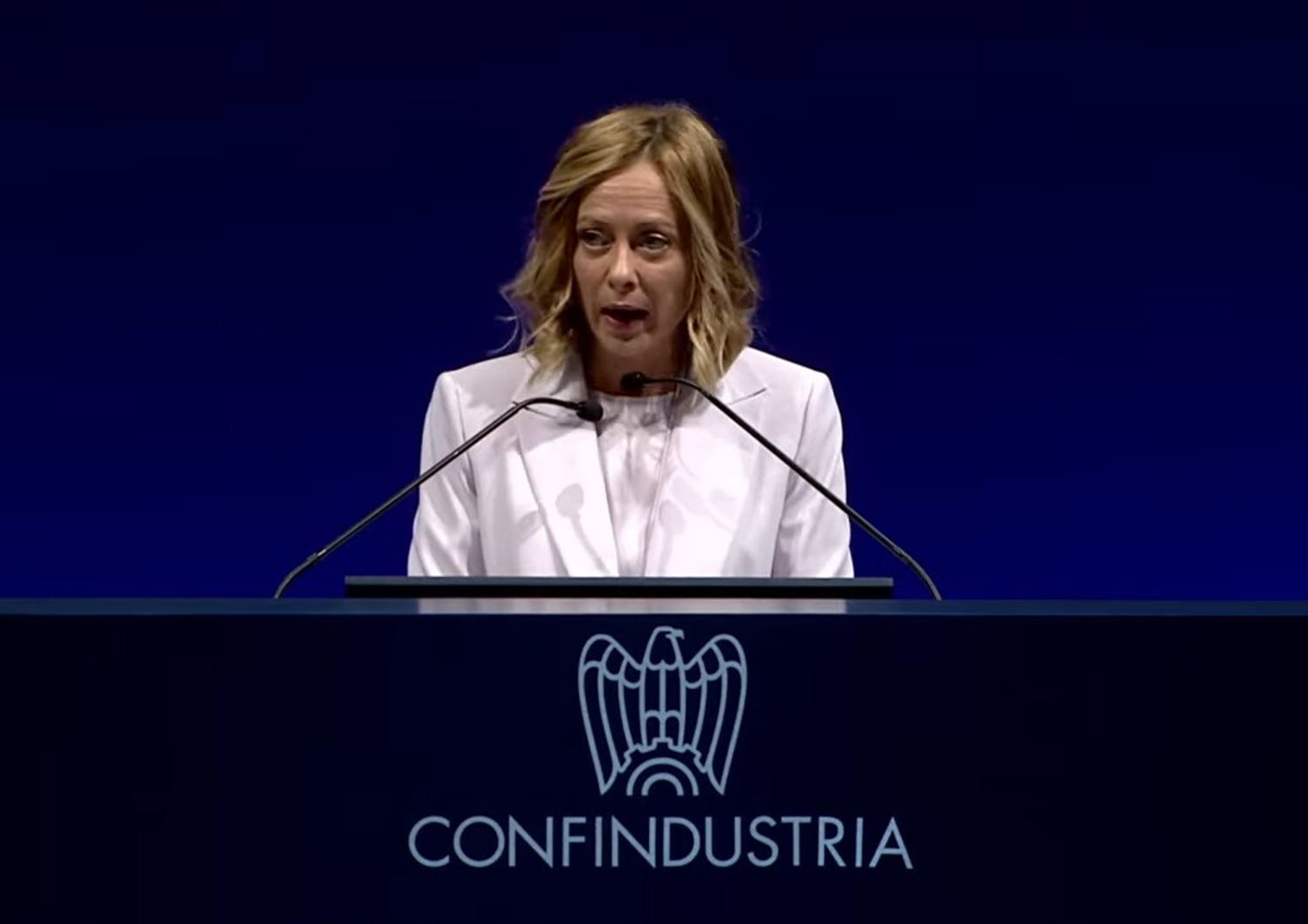 La Première ministre italienne Giorgia Meloni s'adresse à l'assemblée générale de Confindustria, la principale organisation  représentative des entreprises italiennes