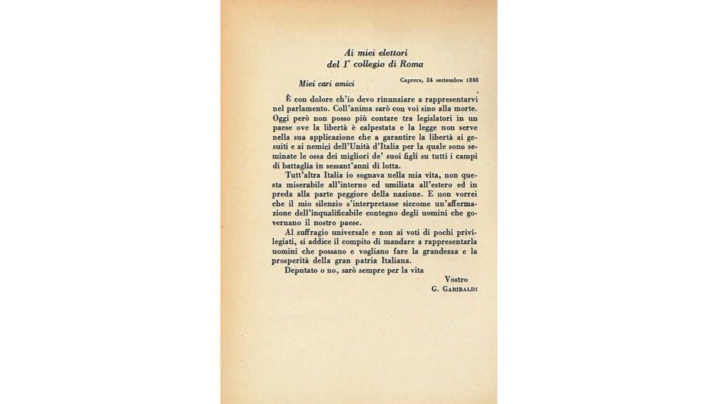 Lettera dimissioni Giuseppe Garibaldi