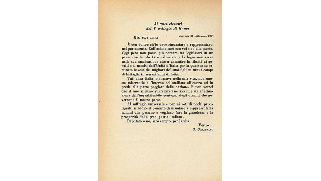 Lettera dimissioni Giuseppe Garibaldi