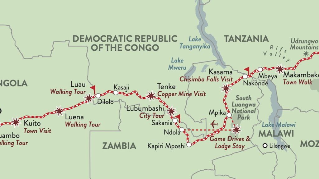 Carte du tracé du Corridor de Lobito selon les dernières extensions du projet