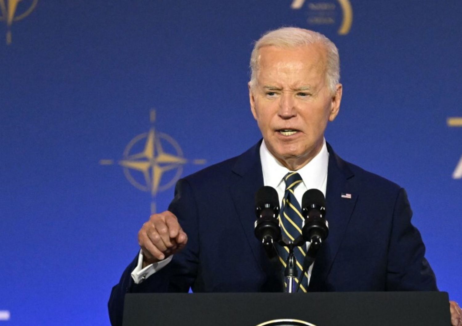 Il Presidente degli Stati Uniti Joe Biden parla durante l'evento celebrativo del 75° anniversario della NATO presso il Mellon Auditorium di Washington