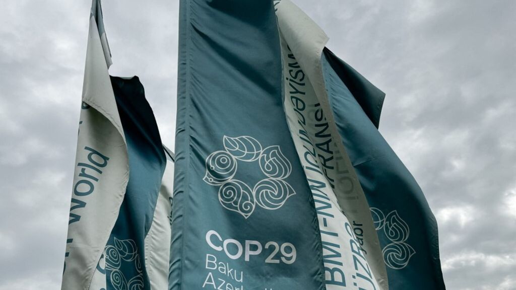 Logo sur les drapeux de la Cop 29 de Bakou, Azerbaijan