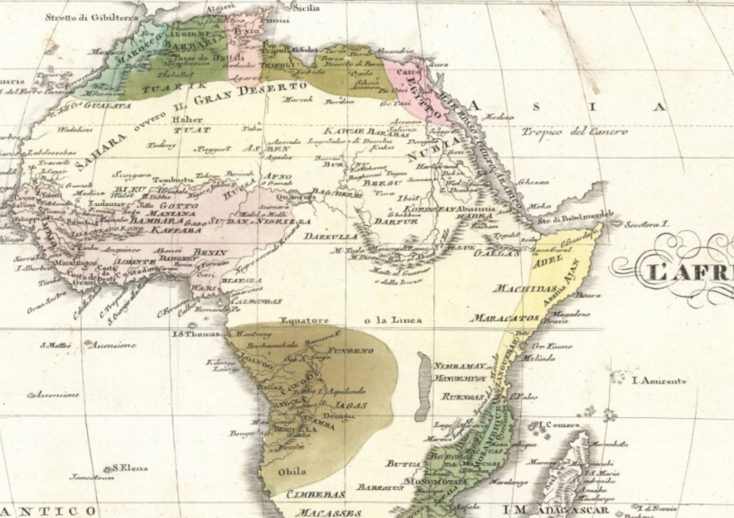 Carte de l'Afrique déssinée vers 1820,  tirée de l'ouvrage de Giulio Ferrrario