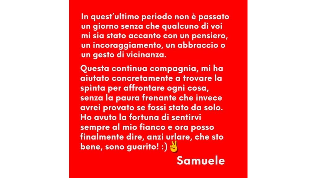 Samuele Bersani ai fan, "lo voglio urlare...sono guarito"