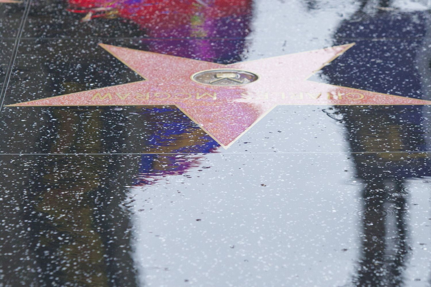 Luci e palme riflesse sulla Walk of Fame di Hollywood allagata da una serie di forti piogge che ha colpito la California e che potrebbe preannunciare la fine di un lungo periodo di siccit&agrave;. &nbsp;(foto Afp)