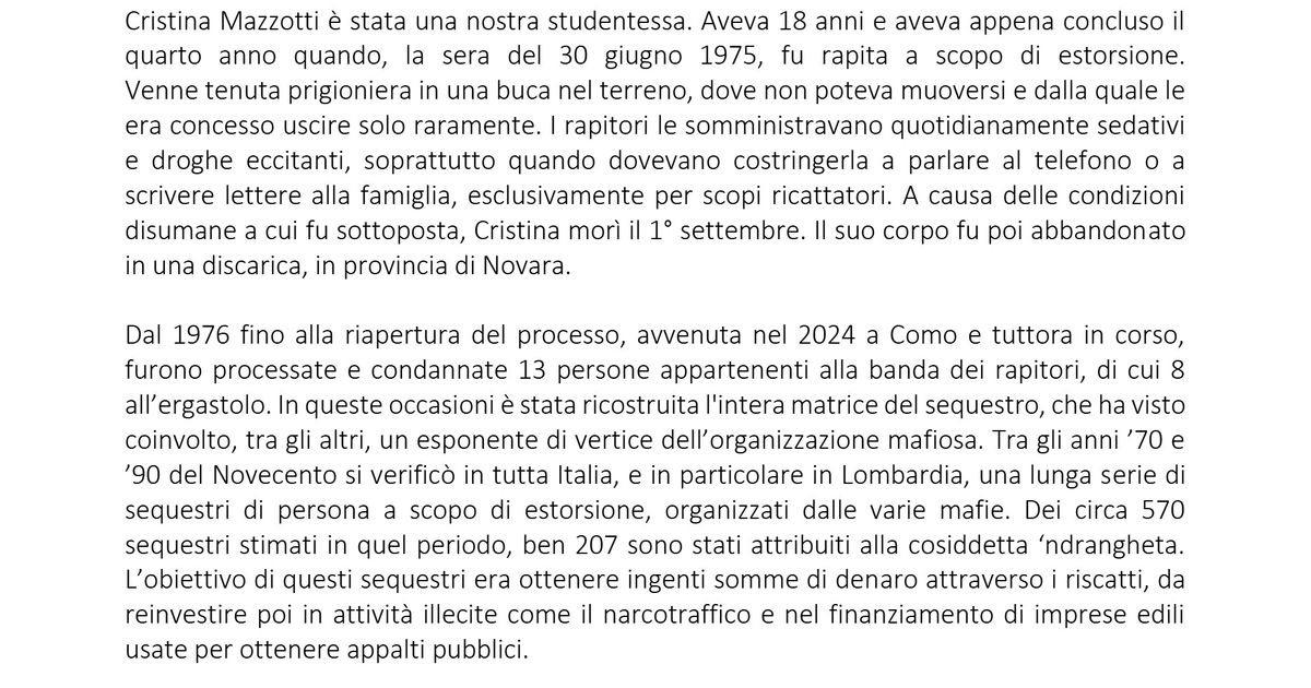 intitolata a cristina mazzotti un aula del suo liceo il ricordo della nipote