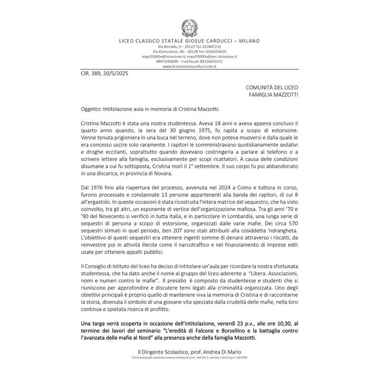 Intitolata a Cristina Mazzotti un'aula del suo liceo. Il ricordo della nipote
