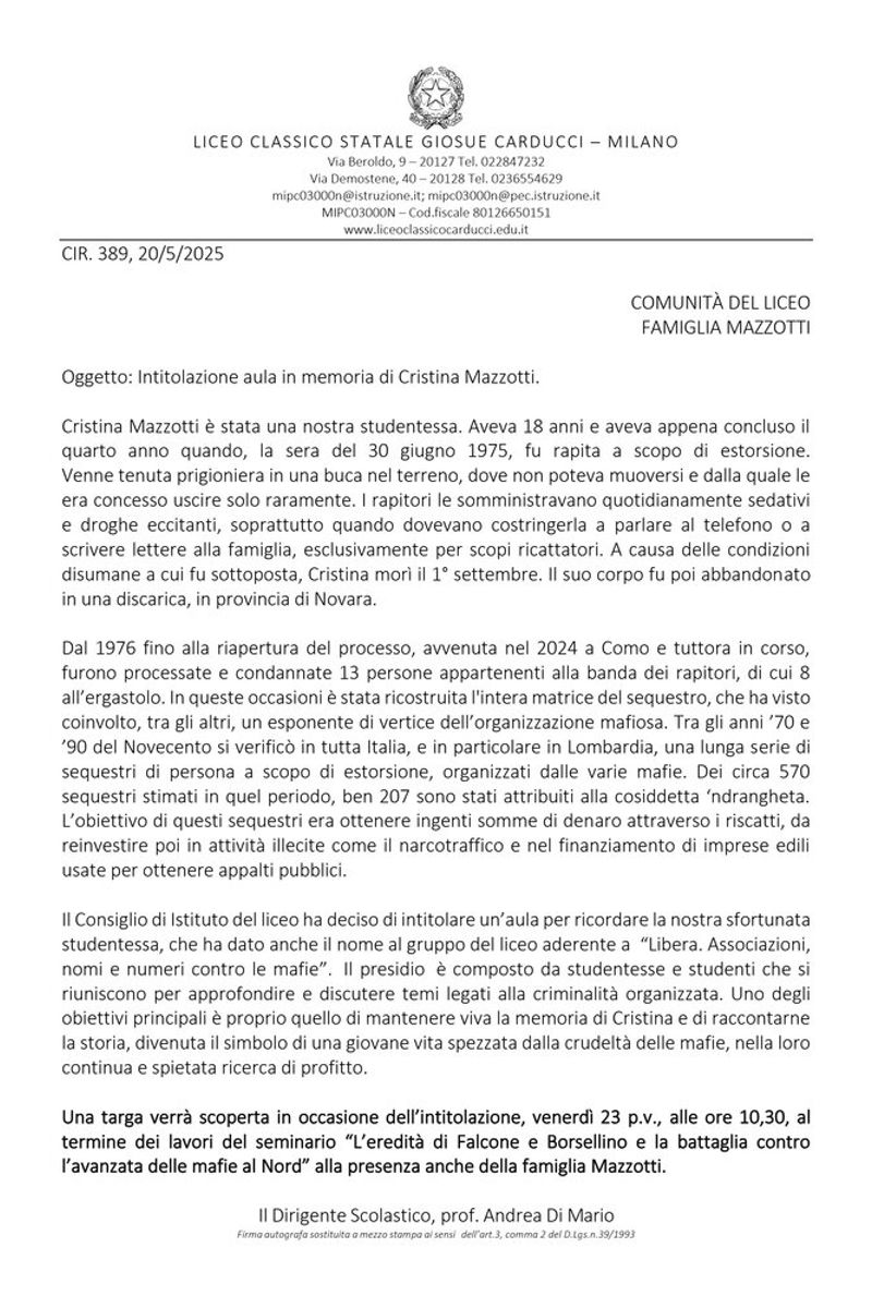 Intitolata a Cristina Mazzotti un'aula del suo liceo. Il ricordo della nipote