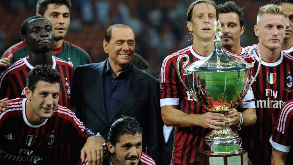Silvio Berlusconi con il Milan, dopo aver vinto la partita Trophee Luigi Berlusconi AC Milan contro Juventus, 2-1, il 21 agosto 2011,&nbsp;