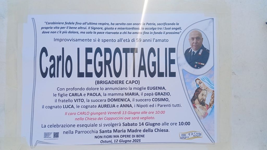 Carabiniere ucciso: aperta ad Ostuni la camera ardente. Domani i funerali