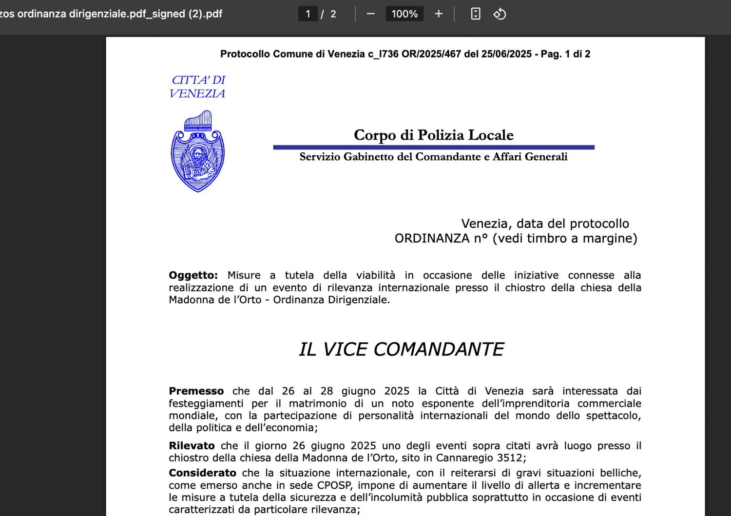 Nozze Bezos gaffe ordinanza Comune conferma party