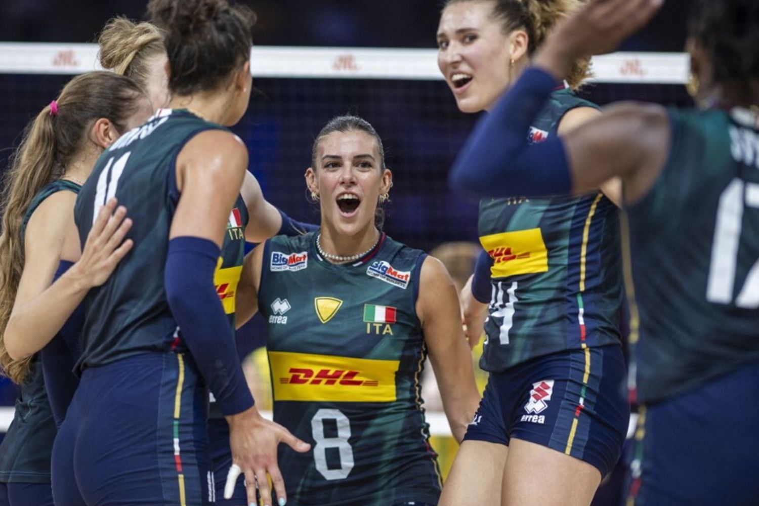 Monica De Gennaro, Alessia Orro, Sarah Luisa Fahr, Ekaterina Antropova, Myriam Fatime Sylla durante la partita per la medaglia d'oro della Woman's Volleyball Nations League 2025 tra Italia e Brasile , all'Atlas Arena di Lodz, in Polonia
