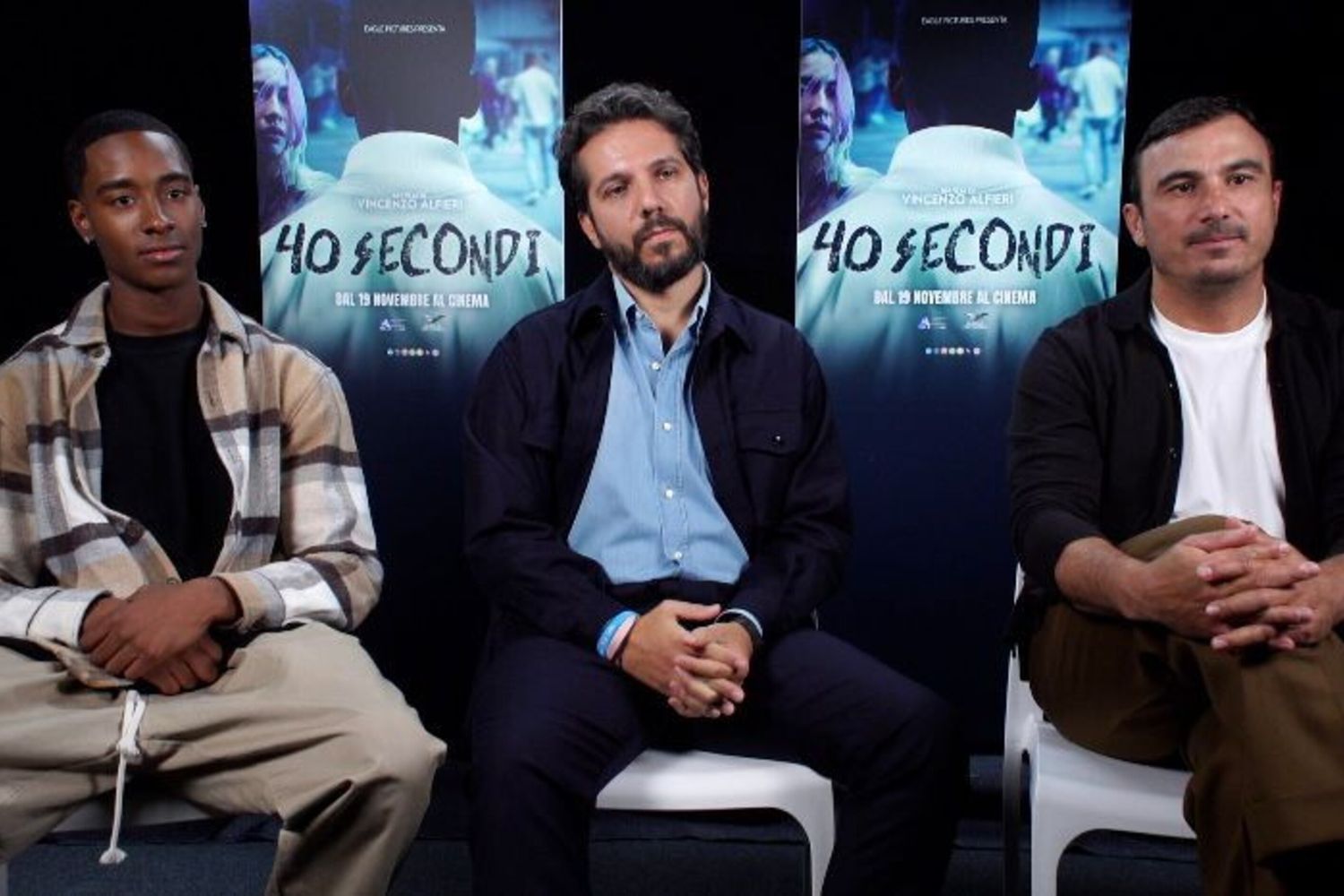 Il regista di '40 secondi' Vincenzo Alfieri tra Justin De Vivo e Francesco Di Leva