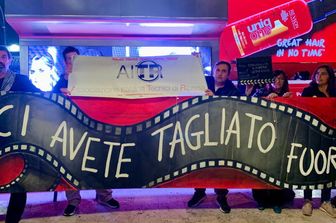 Protesta dei lavoratori dell'audiovisivo alla Festa del Ciname di Roma 2025