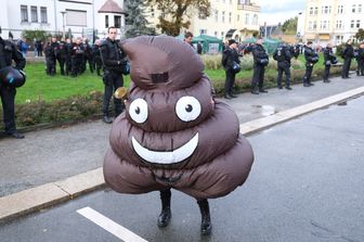 Un manifestante travestito da emoticon