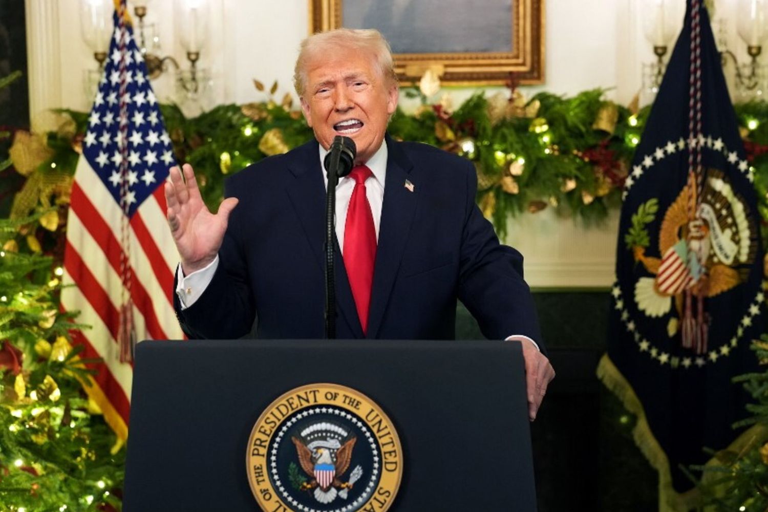 Il presidente degli Stati Uniti Donald Trump si rivolge alla nazione dalla Diplomatic Reception Room della Casa Bianca