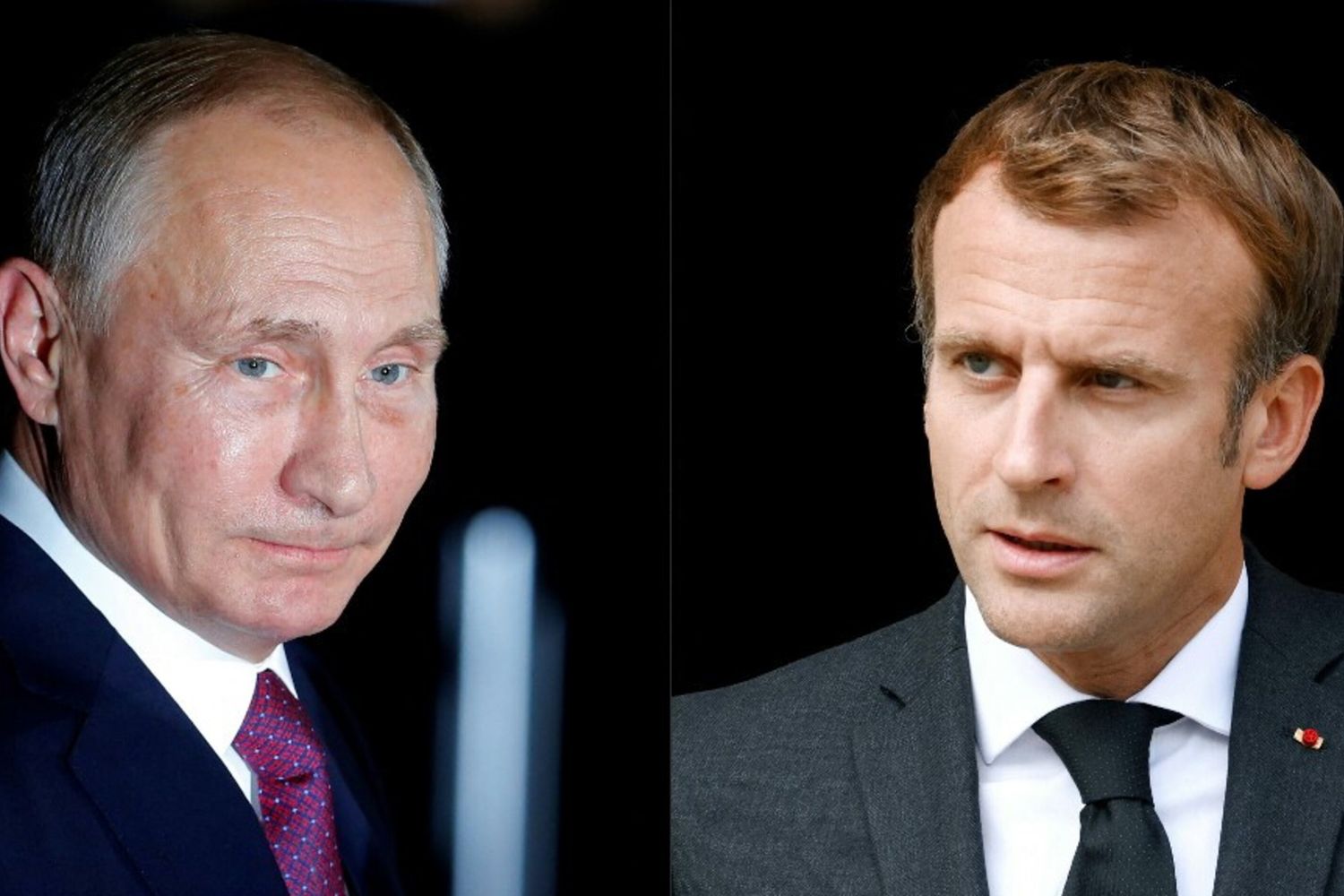 Il presidente russo Vladimir Putin (a sinistra) e il presidente francese Emmanuel Macron (a destra)