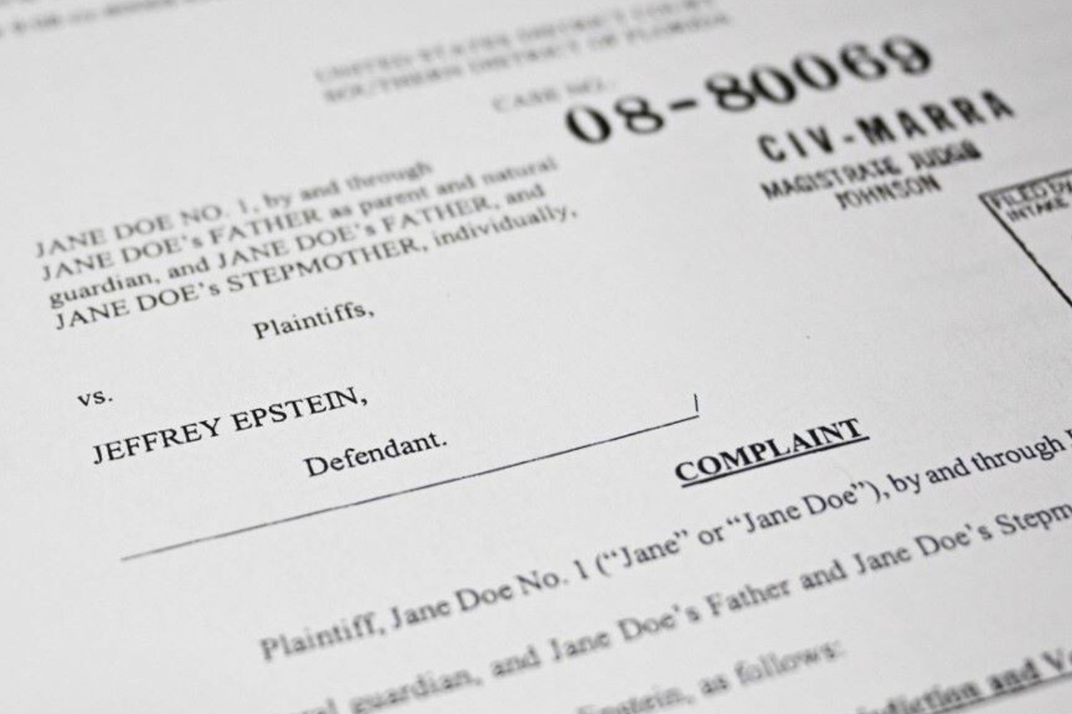 Un documento del tribunale Usa sul caso Epstein