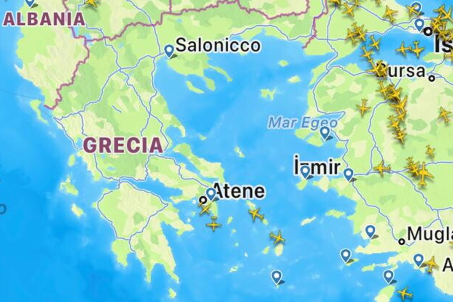 Flyradar mostra l'effetto della chiusura dello spazio aereo sulla Grecia