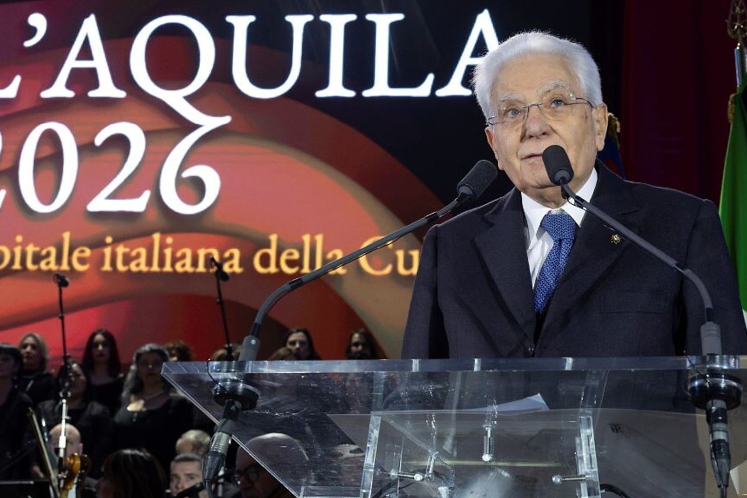 Il presidente della Repubblica Sergio Mattarella alla cerimonia d’inaugurazione di L’Aquila capitale italiana della cultura 2026