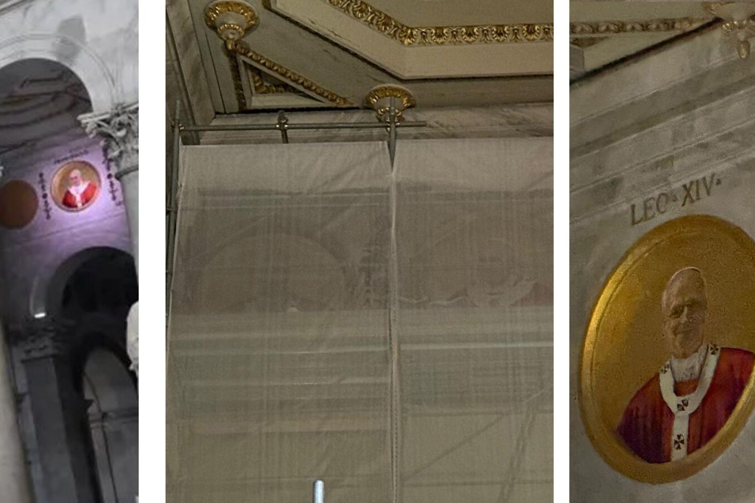 Le fasi della realizzazione del tondo. Prima dell'elezione di Leona XIV, i lavori di sistemazione e infine il tondo prima di essere illuminato