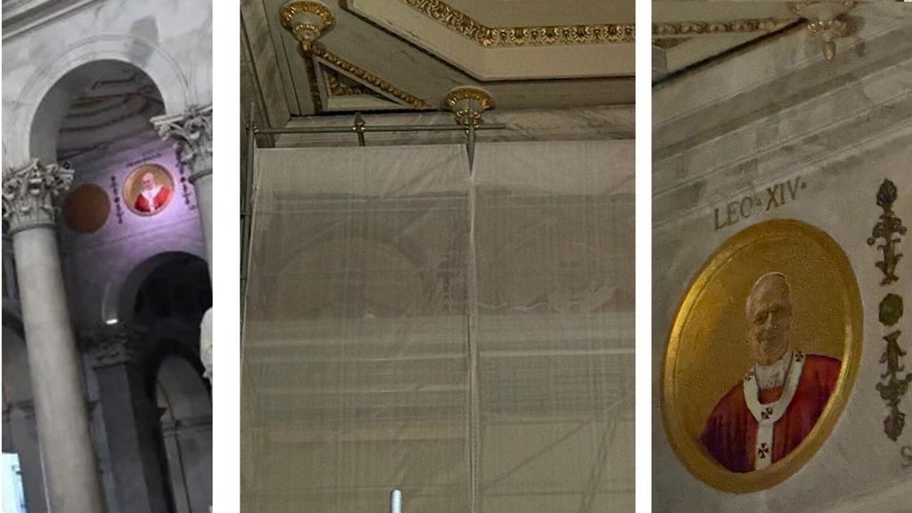 Le fasi della realizzazione del tondo. Prima dell'elezione di Leona XIV, i lavori di sistemazione e infine il tondo prima di essere illuminato