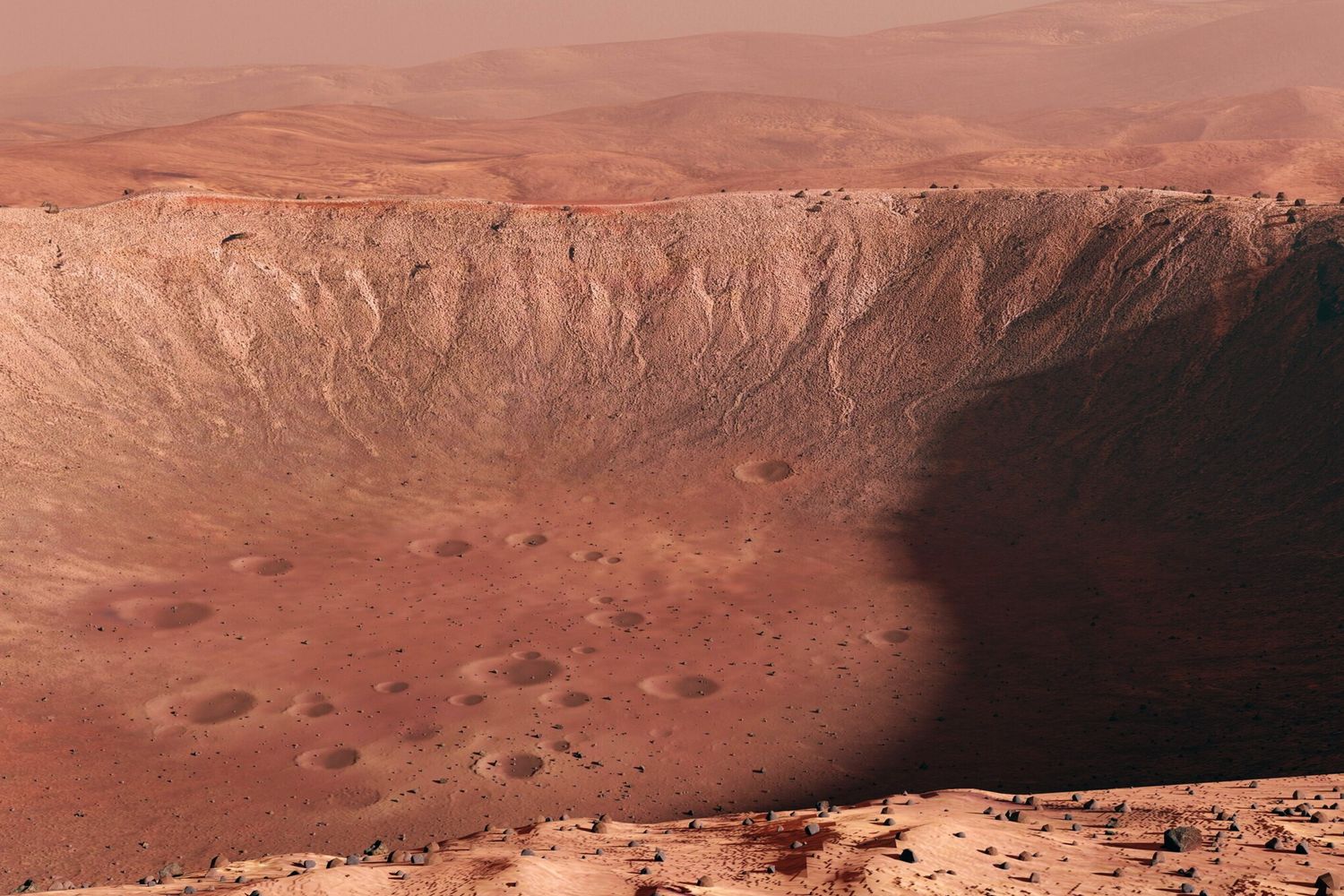 Un cratere di Marte in un'illustrazione di realt&agrave; virtuale