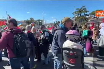 Alla manifestazione No Kings a Roma sventola un'enorme bandiera della Palestina