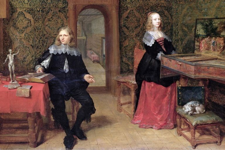 'Il giovane studioso e sua moglie' di Gonzales Coque, copertina di 'Grammatica' di John Milton