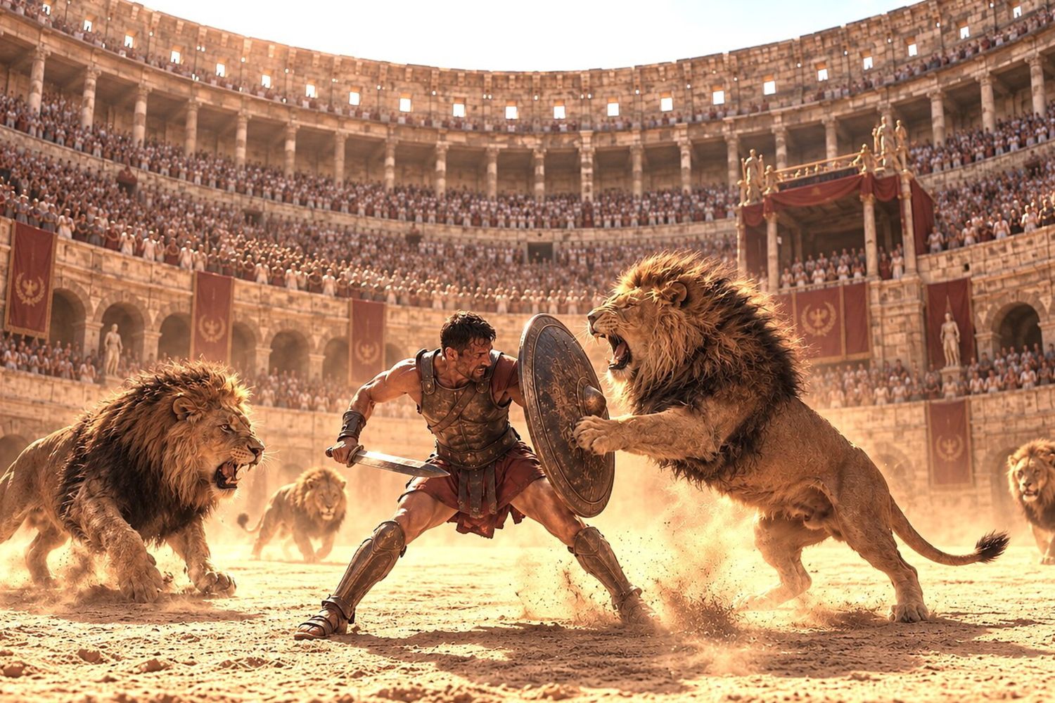 Un gladiatore combatte contro i leoni al Colosseo