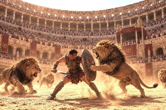 Un gladiatore combatte contro i leoni al Colosseo