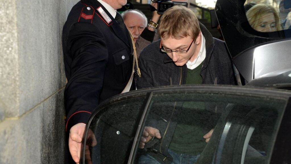 Alberto Stasi al termine dell'udienza in Corte d'Assise d'Appello il 9 aprile 2014