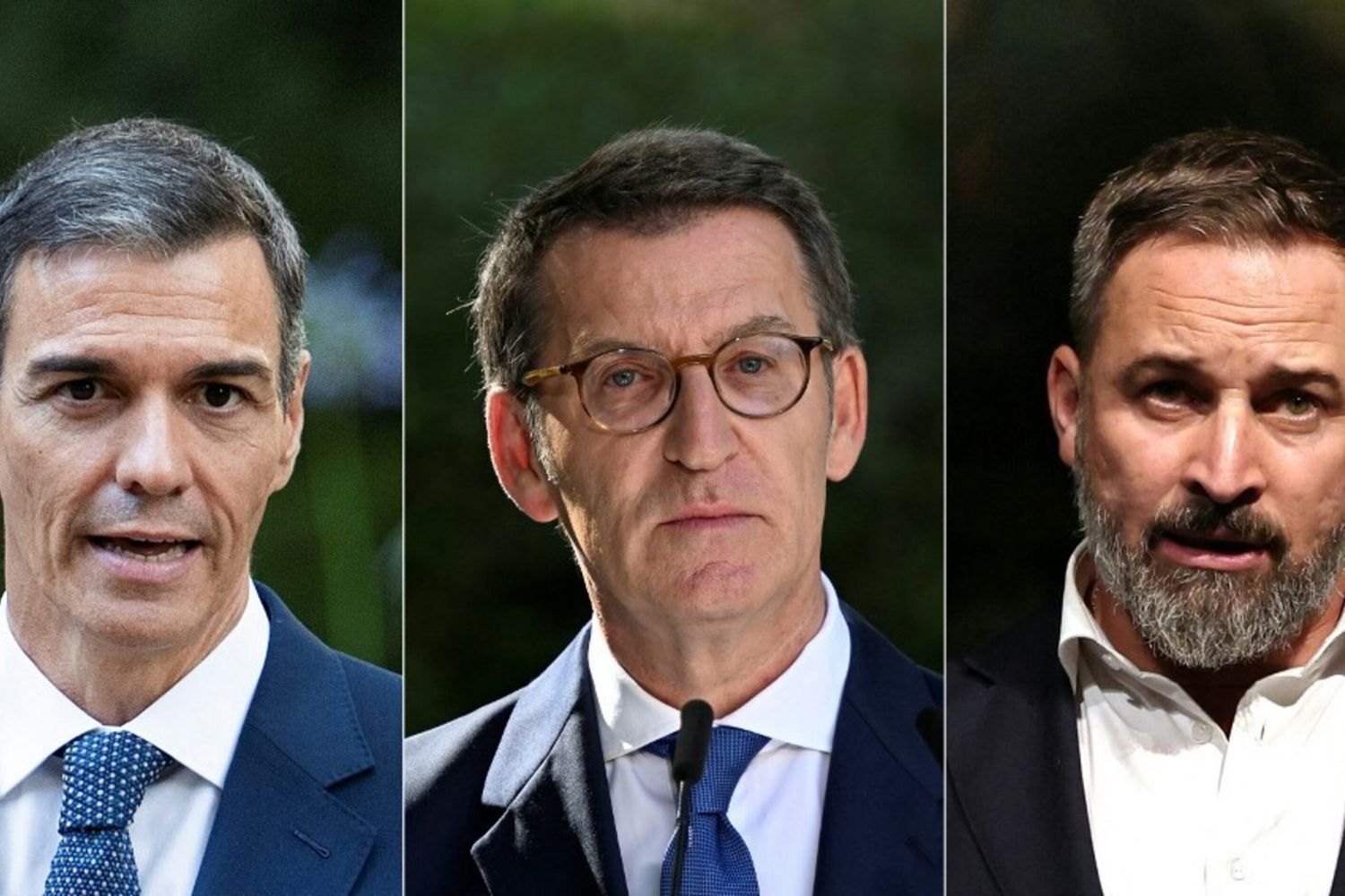 (da sinistra) l'ex Primo Ministro spagnolo Pedro Sánchez, il leader del Partido Popular spagnolo Alberto Núñez Feijoo e il leader del partito di estrema destra spagnolo Vox, Santiago Ábáscal (Madrid, 10 luglio 2023). Uno lotta per la sopravvivenza, un altro cerca di conquistare finalmente la presidenza del governo e il terzo aspira a diventare un indispensabile artefice del potere della destra. Il socialista Pedro Sánchez, il conservatore Alberto Núñez Feijoo e il leader di estrema destra Santiago Ábáscal