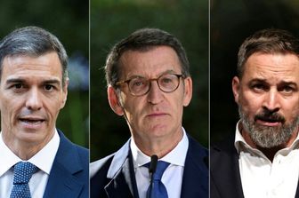 (da sinistra) l'ex Primo Ministro spagnolo Pedro Sánchez, il leader del Partido Popular spagnolo Alberto Núñez Feijoo e il leader del partito di estrema destra spagnolo Vox, Santiago Ábáscal (Madrid, 10 luglio 2023). Uno lotta per la sopravvivenza, un altro cerca di conquistare finalmente la presidenza del governo e il terzo aspira a diventare un indispensabile artefice del potere della destra. Il socialista Pedro Sánchez, il conservatore Alberto Núñez Feijoo e il leader di estrema destra Santiago Ábáscal