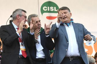 I segretari nazionali Cgil, Cisl e Uil Maurizio Landini,Pierpaolo Bombardieri e Luigi Sbarra&nbsp;