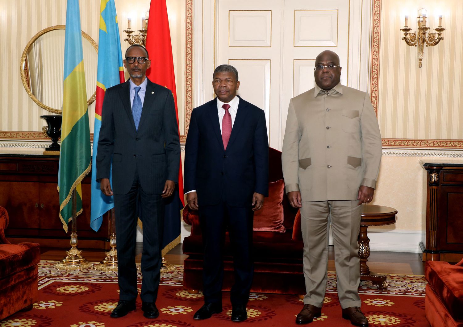 Da sinistra: il presidente del Ruanda Paul Kagame, il presidente dell'Angola Joao Lourenco e il presidente del Congo&nbsp;Felix Tshisekedi