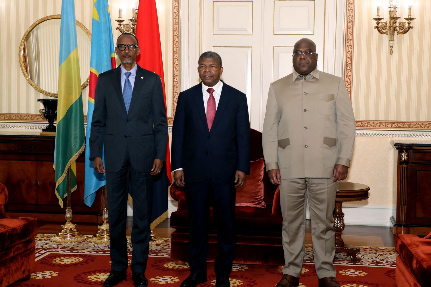 Da sinistra: il presidente del Ruanda Paul Kagame, il presidente dell'Angola Joao Lourenco e il presidente del Congo&nbsp;Felix Tshisekedi