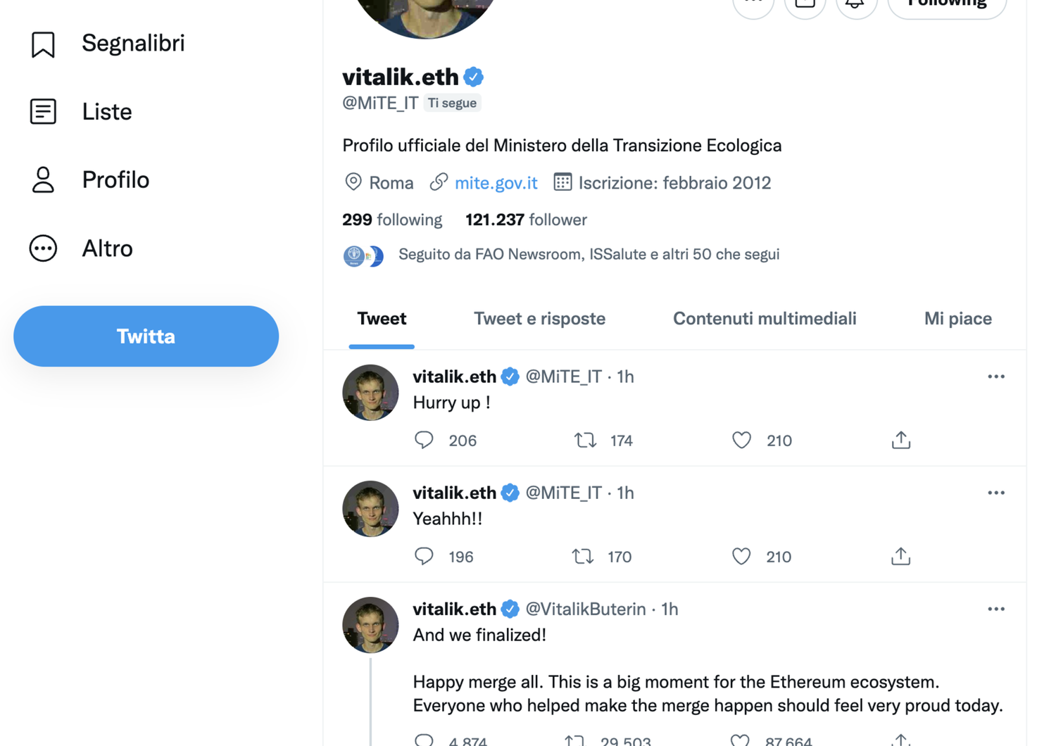 Hackerato profilo twitter MITE giorno Merge Ethereum