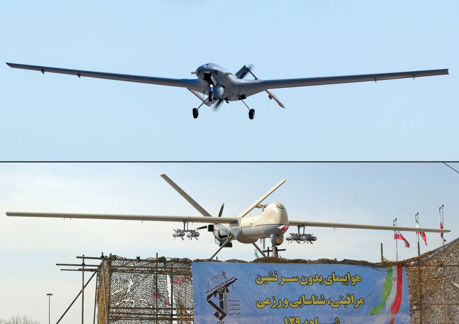 Nella foto combo, sopra il drone turco&nbsp; Bayraktar TB2 e sotto quello iraniano&nbsp;Shahed-129