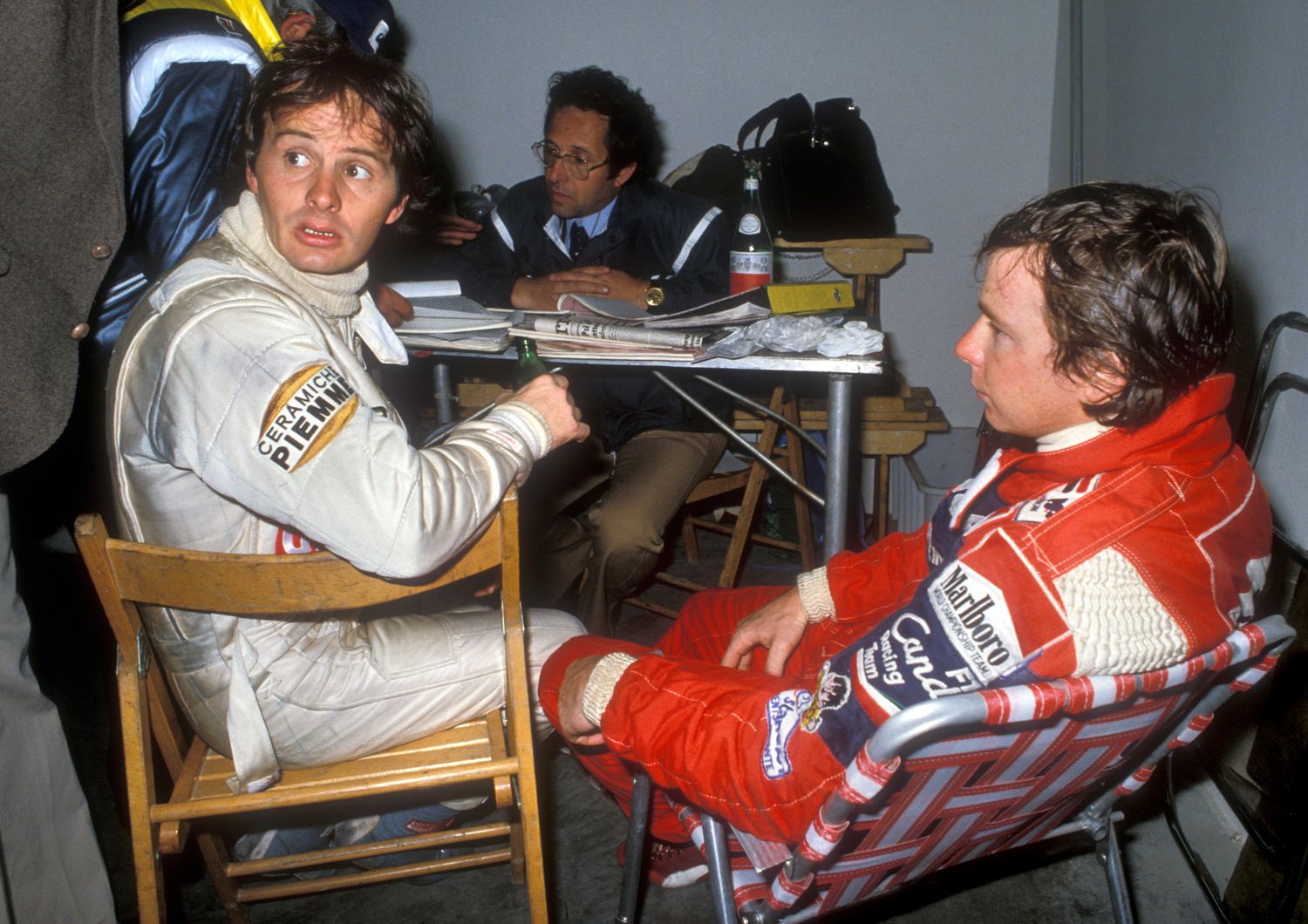 Gilles Villeneuve con Didier Pironi e Mauro Forghieri
